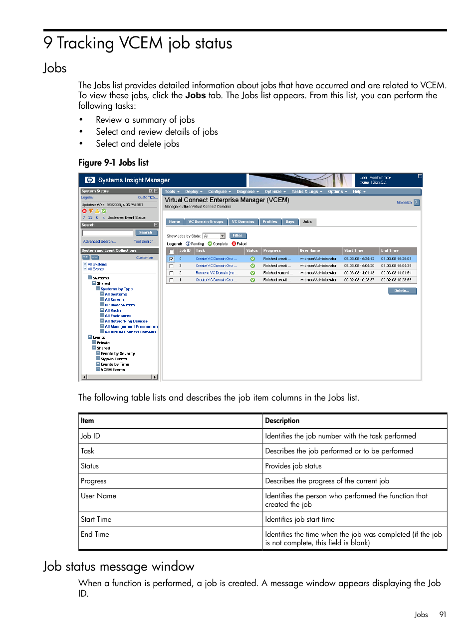 9 tracking vcem job status, Jobs, Job status message window | Jobs job status message window, Jobs list | HP Insight Management-Software User Manual | Page 91 / 129