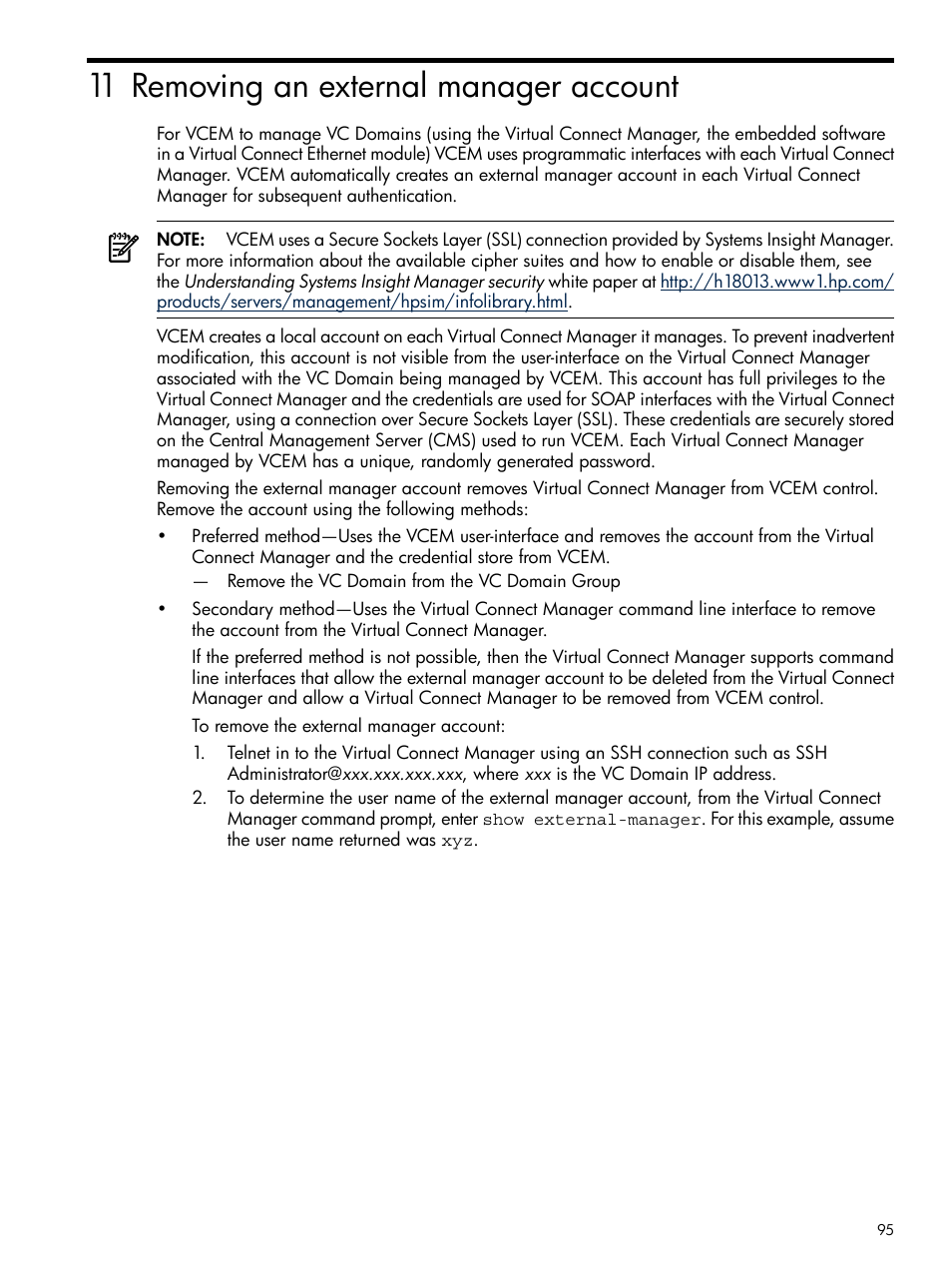 11 removing an external manager account | HP Insight Management-Software User Manual | Page 95 / 129