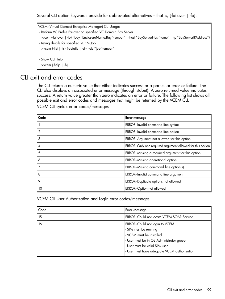 Cli exit and error codes | HP Insight Management-Software User Manual | Page 99 / 129