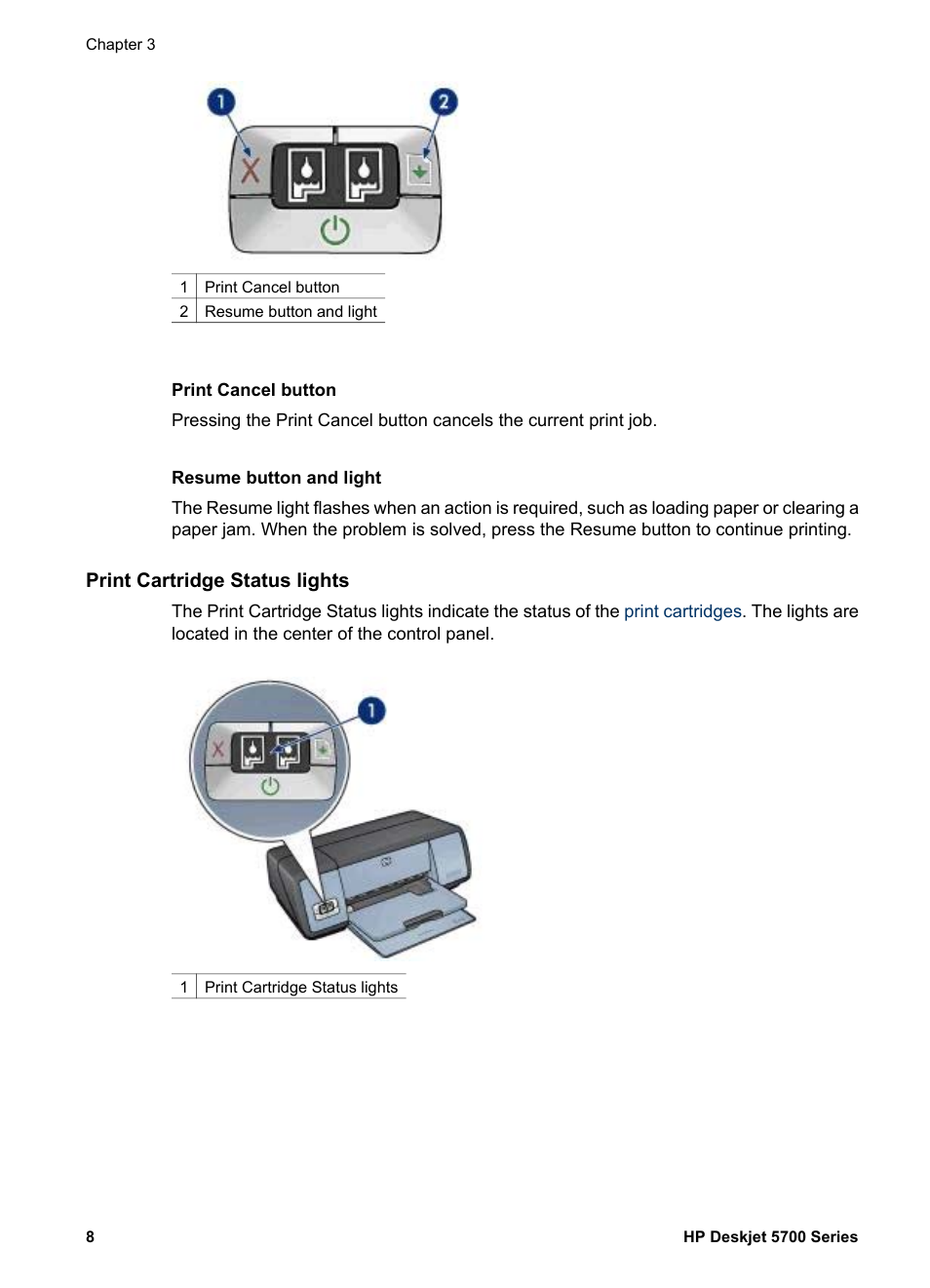 Print cancel button, Resume button and light, Print cartridge status lights | HP Deskjet 5740 Color Inkjet Printer User Manual | Page 10 / 100