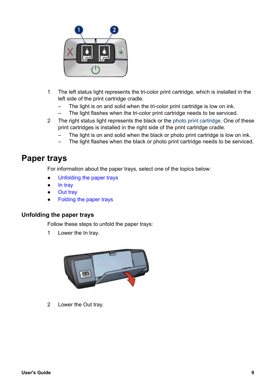 Paper trays, Unfolding the paper trays | HP Deskjet 5740 Color Inkjet Printer User Manual | Page 11 / 100