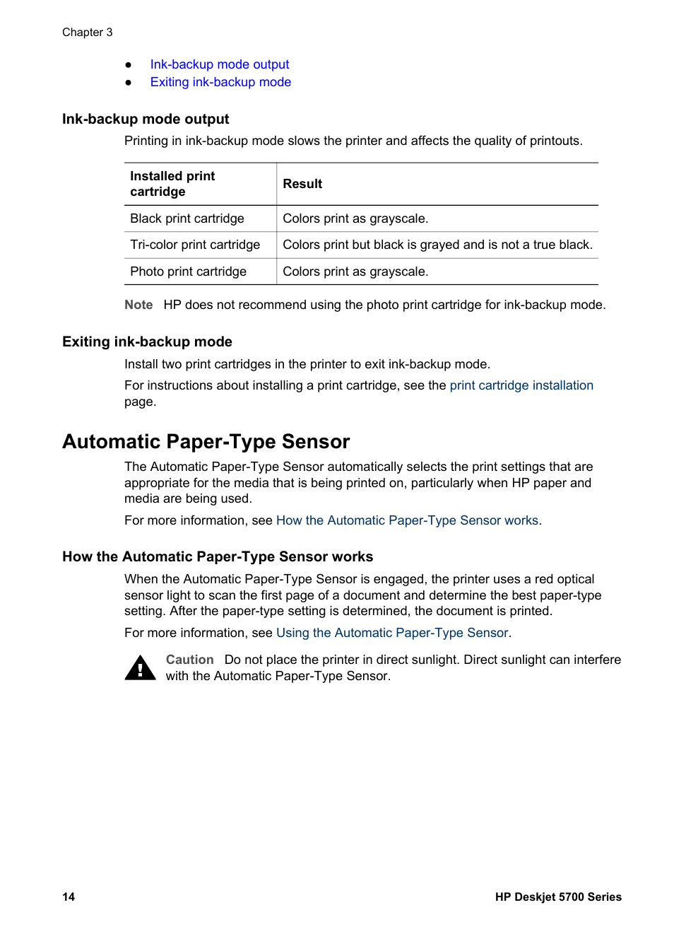 Ink-backup mode output, Exiting ink-backup mode, Automatic paper-type sensor | How the automatic paper-type sensor works | HP Deskjet 5740 Color Inkjet Printer User Manual | Page 16 / 100