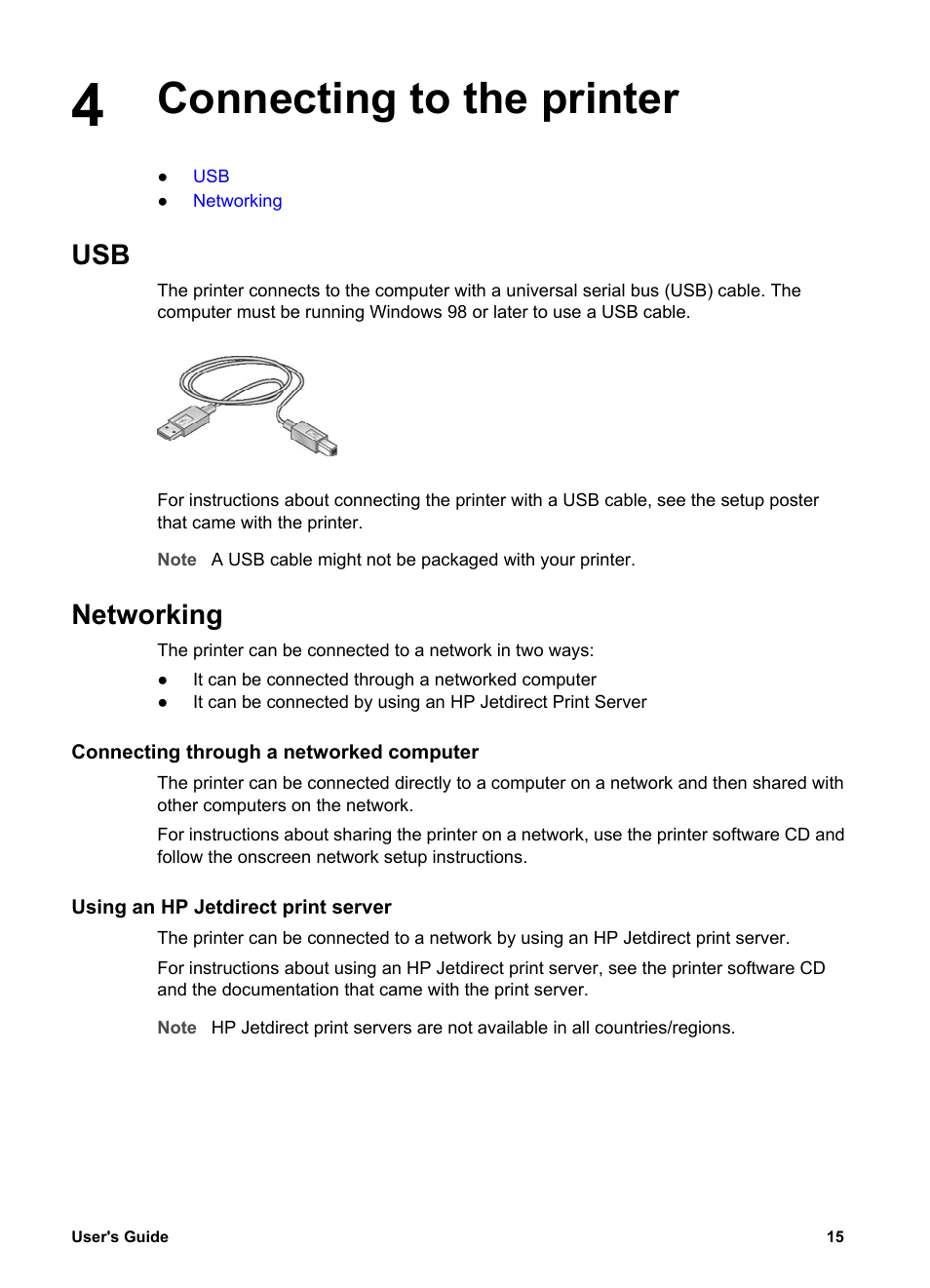 Connecting to the printer, Networking, Connecting through a networked computer | Using an hp jetdirect print server, Connecting to the printer usb networking, Usb port | HP Deskjet 5740 Color Inkjet Printer User Manual | Page 17 / 100