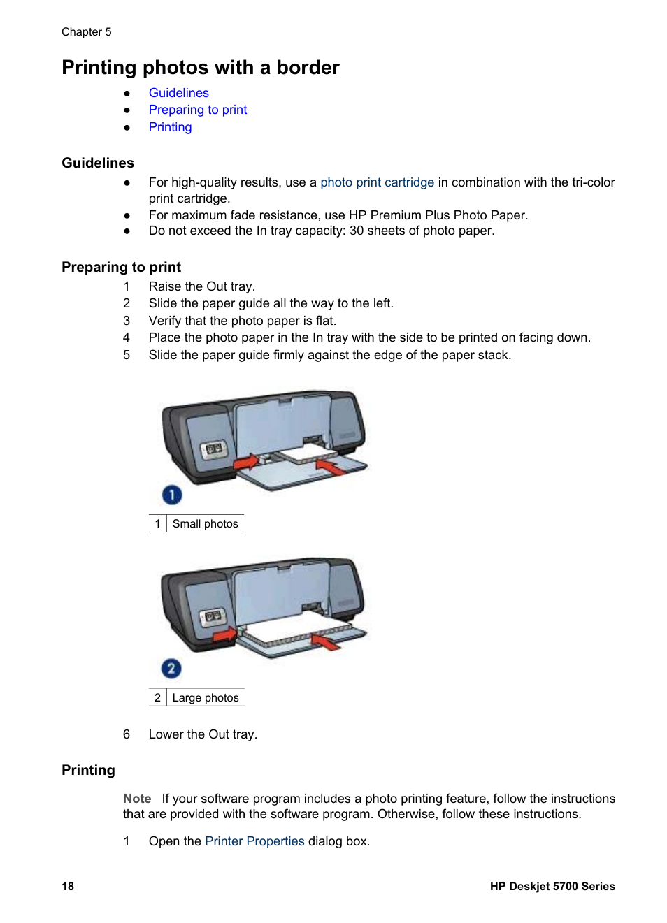 Printing photos with a border, Guidelines, Preparing to print | Printing, Border | HP Deskjet 5740 Color Inkjet Printer User Manual | Page 20 / 100