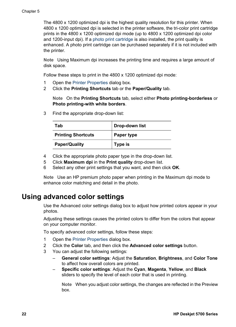 Using advanced color settings, Advanced color settings | HP Deskjet 5740 Color Inkjet Printer User Manual | Page 24 / 100