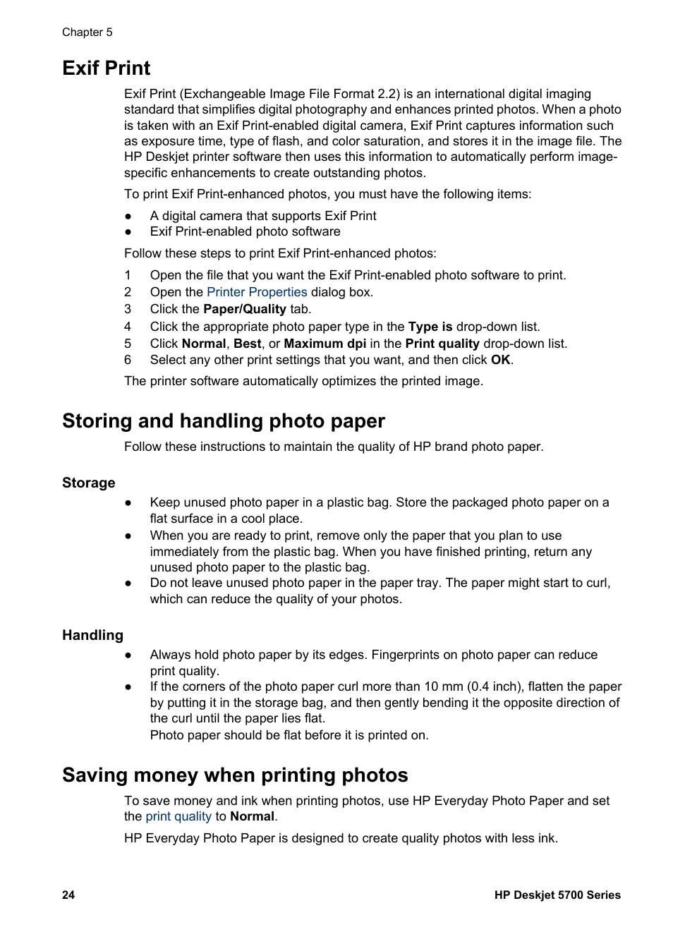 Exif print, Storing and handling photo paper, Storage | Handling, Saving money when printing photos, Exif print-formatted, Photo paper storage and handling, Guidelines, Everyday photo paper to, Save money and ink | HP Deskjet 5740 Color Inkjet Printer User Manual | Page 26 / 100