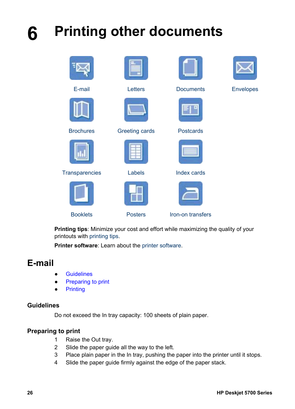 Printing other documents, E-mail, Guidelines | Preparing to print, Printing other documents e-mail | HP Deskjet 5740 Color Inkjet Printer User Manual | Page 28 / 100