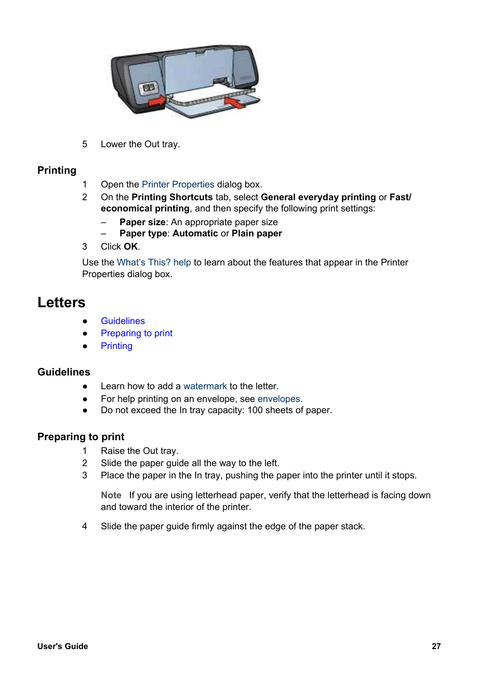 Printing, Letters, Guidelines | Preparing to print | HP Deskjet 5740 Color Inkjet Printer User Manual | Page 29 / 100