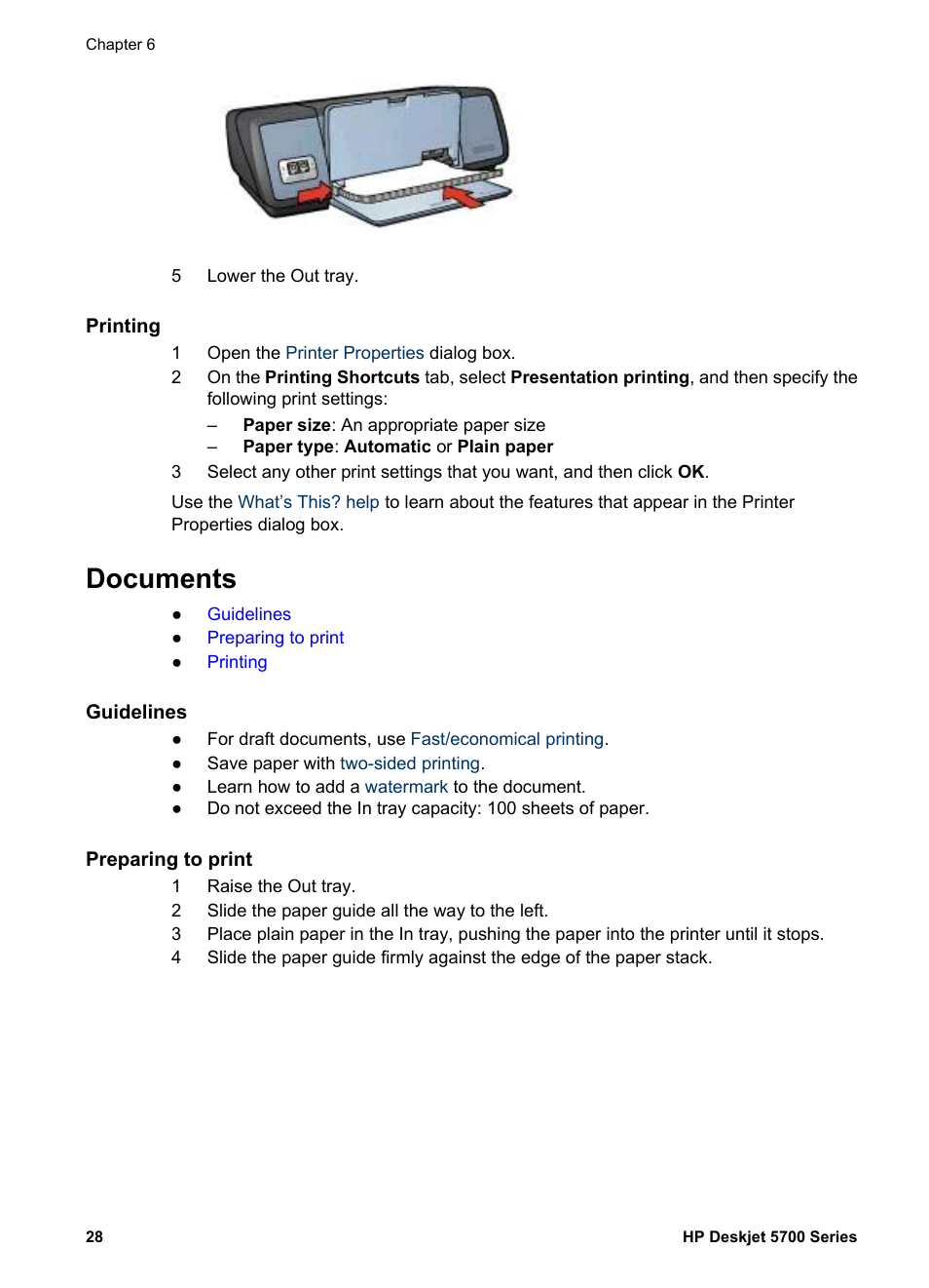 Printing, Documents, Guidelines | Preparing to print | HP Deskjet 5740 Color Inkjet Printer User Manual | Page 30 / 100