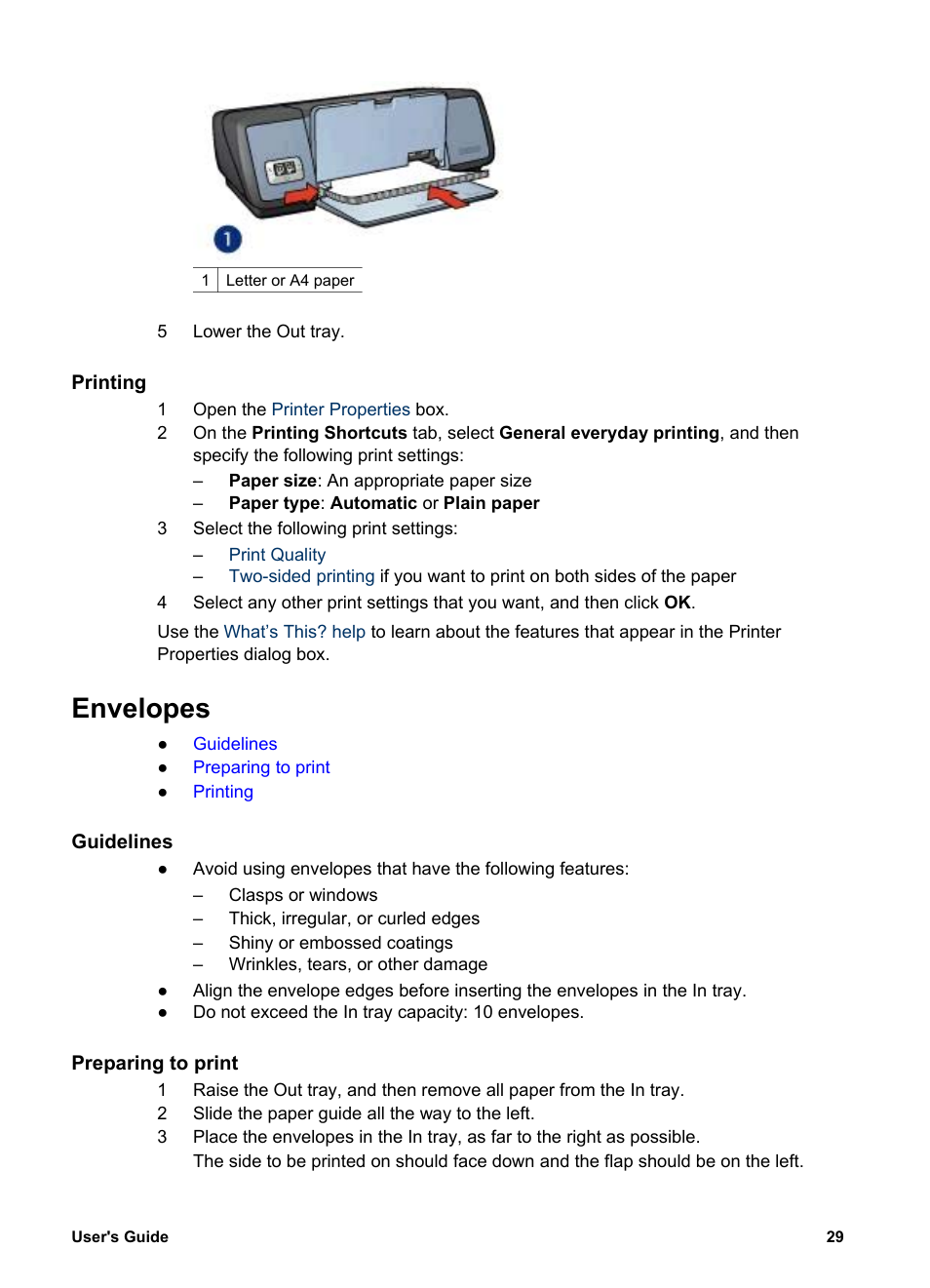 Printing, Envelopes, Guidelines | Preparing to print, An envelope, see | HP Deskjet 5740 Color Inkjet Printer User Manual | Page 31 / 100