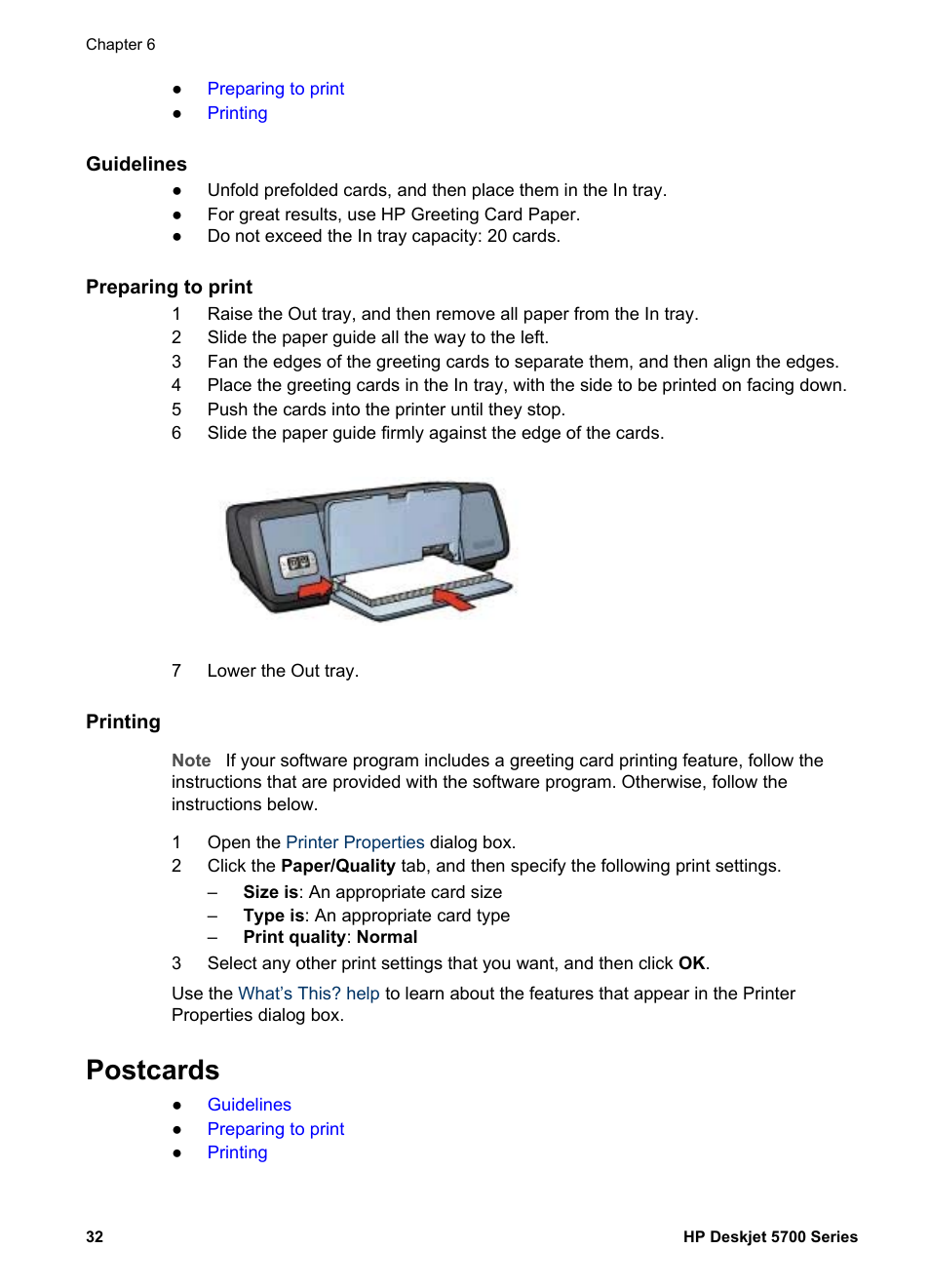 Guidelines, Preparing to print, Printing | Postcards | HP Deskjet 5740 Color Inkjet Printer User Manual | Page 34 / 100