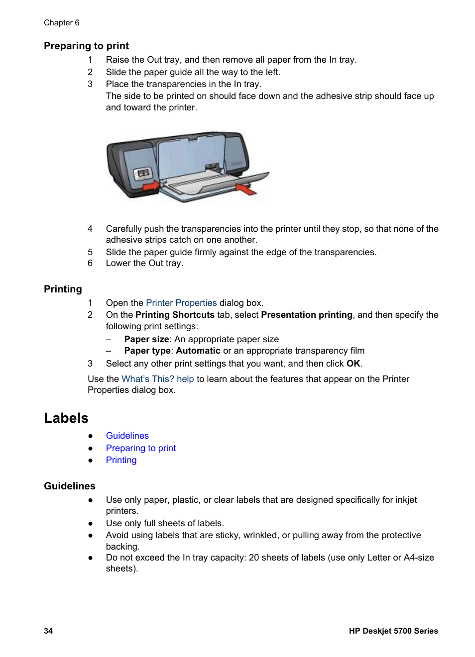 Preparing to print, Printing, Labels | Guidelines | HP Deskjet 5740 Color Inkjet Printer User Manual | Page 36 / 100