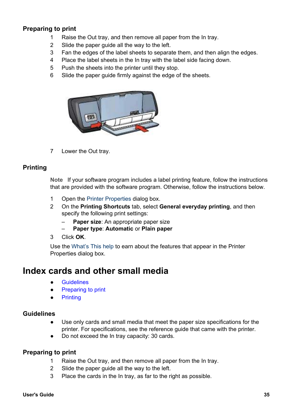 Preparing to print, Printing, Index cards and other small media | Guidelines, Index cards | HP Deskjet 5740 Color Inkjet Printer User Manual | Page 37 / 100