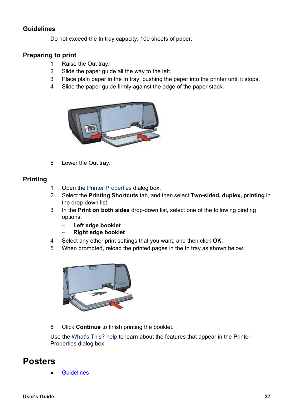 Guidelines, Preparing to print, Printing | Posters | HP Deskjet 5740 Color Inkjet Printer User Manual | Page 39 / 100