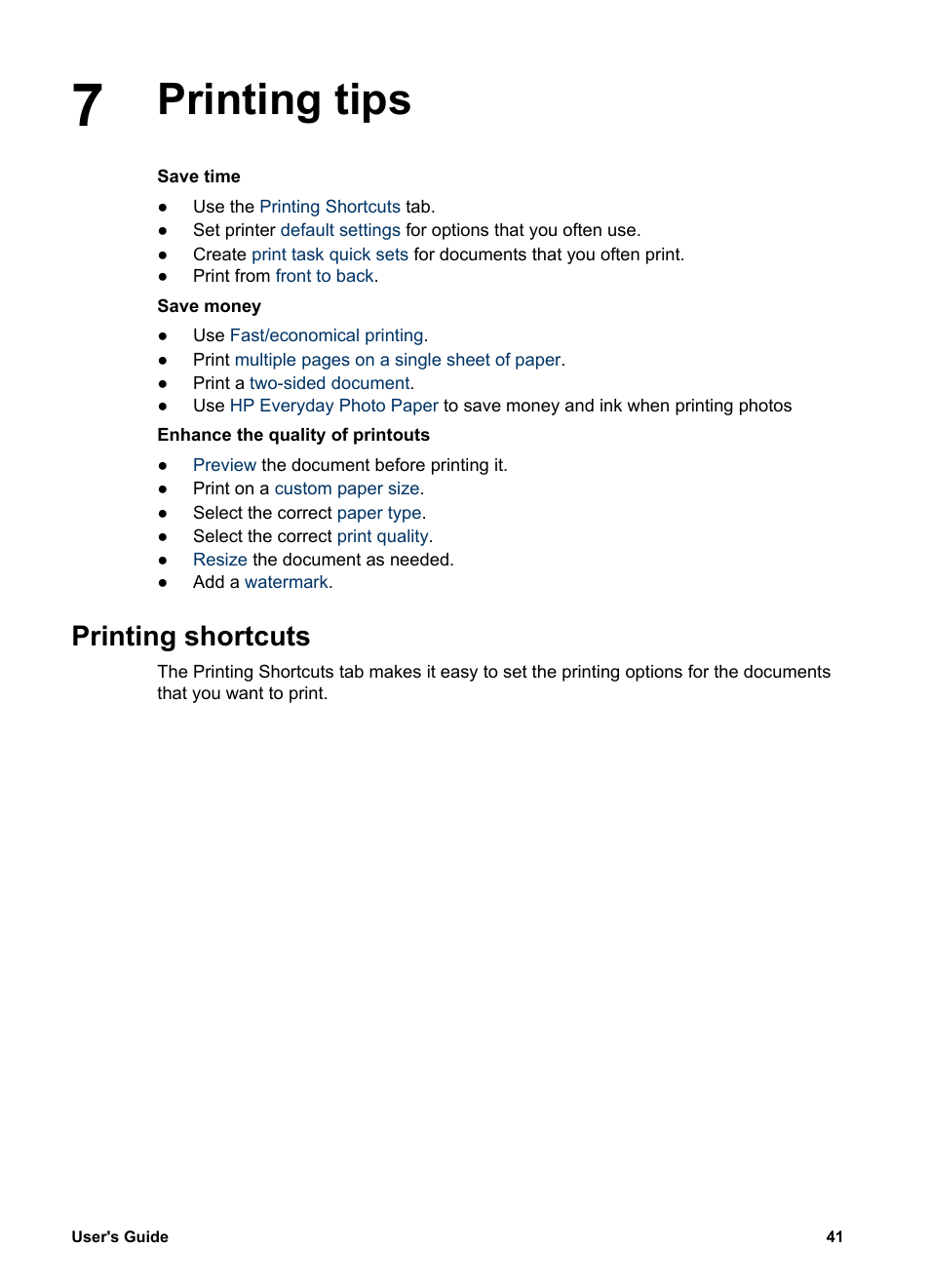 Printing tips, Printing shortcuts, Printing tips printing shortcuts | Printouts with | HP Deskjet 5740 Color Inkjet Printer User Manual | Page 43 / 100