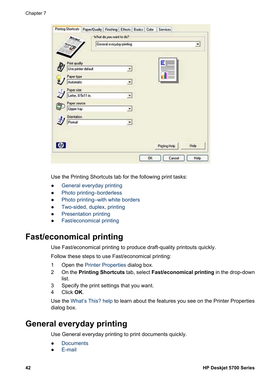 Fast/economical printing, General everyday printing, Fast/economical printing general everyday printing | HP Deskjet 5740 Color Inkjet Printer User Manual | Page 44 / 100