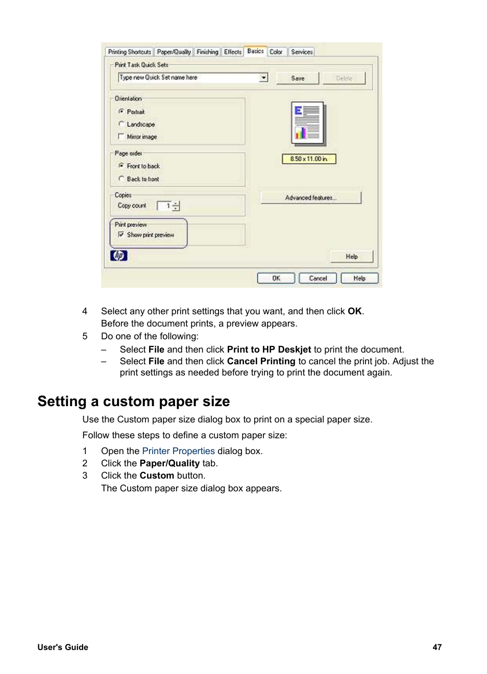 Setting a custom paper size, On a, Custom paper size | HP Deskjet 5740 Color Inkjet Printer User Manual | Page 49 / 100