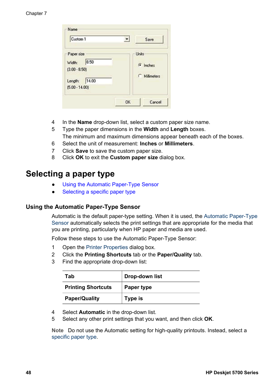 Selecting a paper type, Using the automatic paper-type sensor, Information, see | Paper type | HP Deskjet 5740 Color Inkjet Printer User Manual | Page 50 / 100