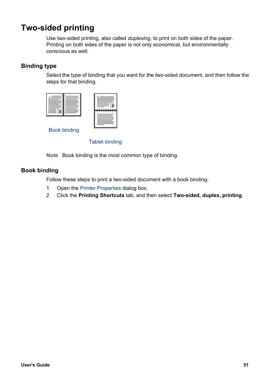 Two-sided printing, Binding type, Book binding | Save paper with, Two-sided document, Two-sided, duplex, printing | HP Deskjet 5740 Color Inkjet Printer User Manual | Page 53 / 100