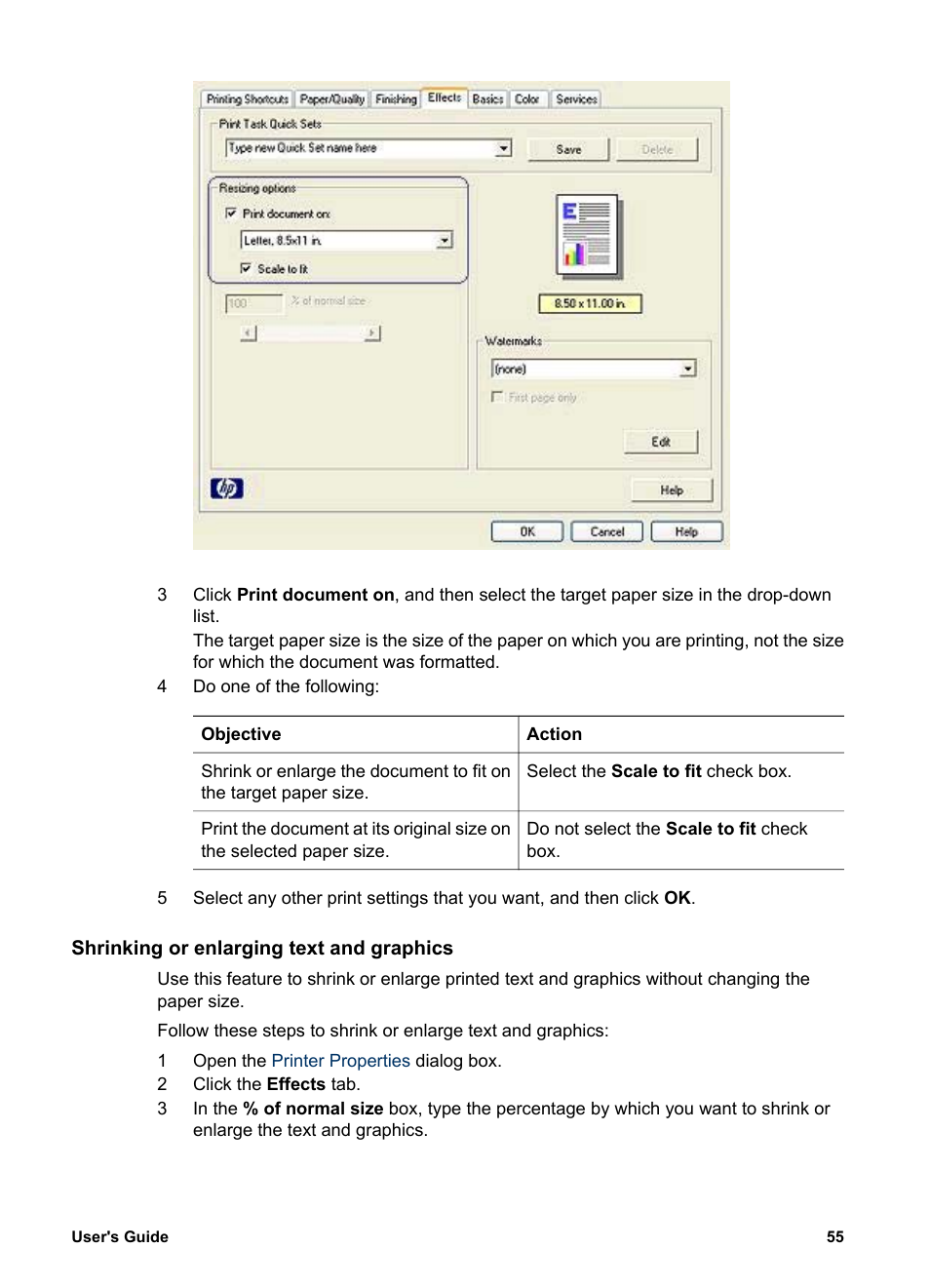 Shrinking or enlarging text and graphics, Shrink or enlarge | HP Deskjet 5740 Color Inkjet Printer User Manual | Page 57 / 100