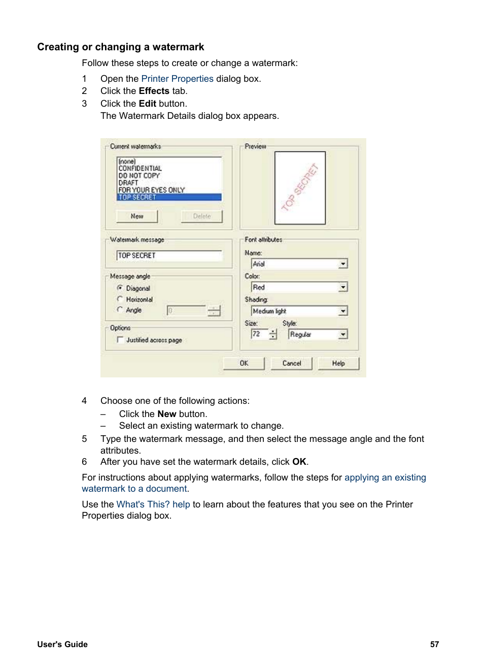 Creating or changing a watermark, Of the listed watermarks, Create a new watermark | HP Deskjet 5740 Color Inkjet Printer User Manual | Page 59 / 100