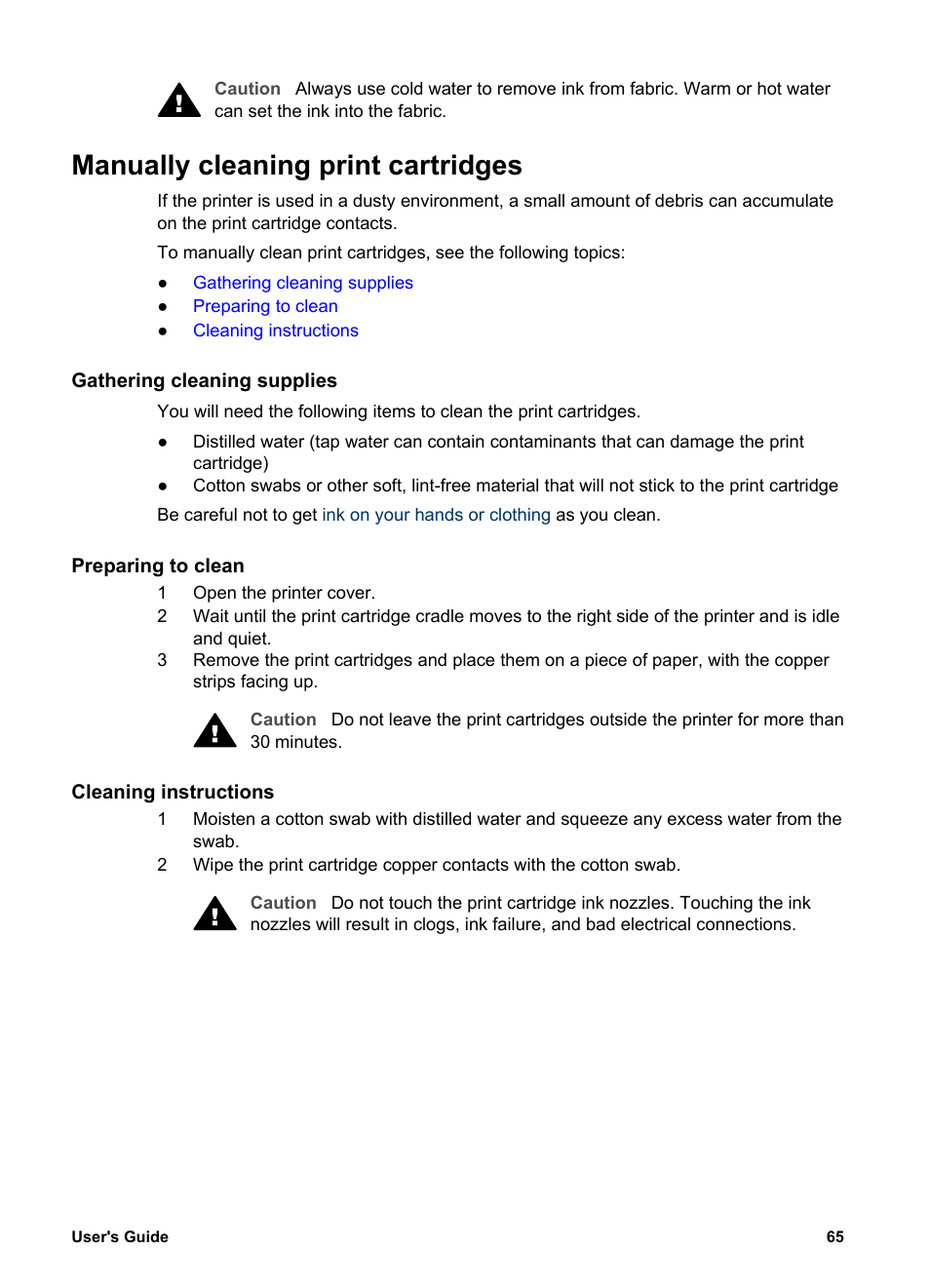 Manually cleaning print cartridges, Gathering cleaning supplies, Preparing to clean | Cleaning instructions | HP Deskjet 5740 Color Inkjet Printer User Manual | Page 67 / 100