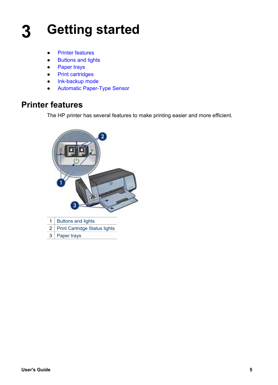 Getting started, Printer features, Getting started printer features | HP Deskjet 5740 Color Inkjet Printer User Manual | Page 7 / 100
