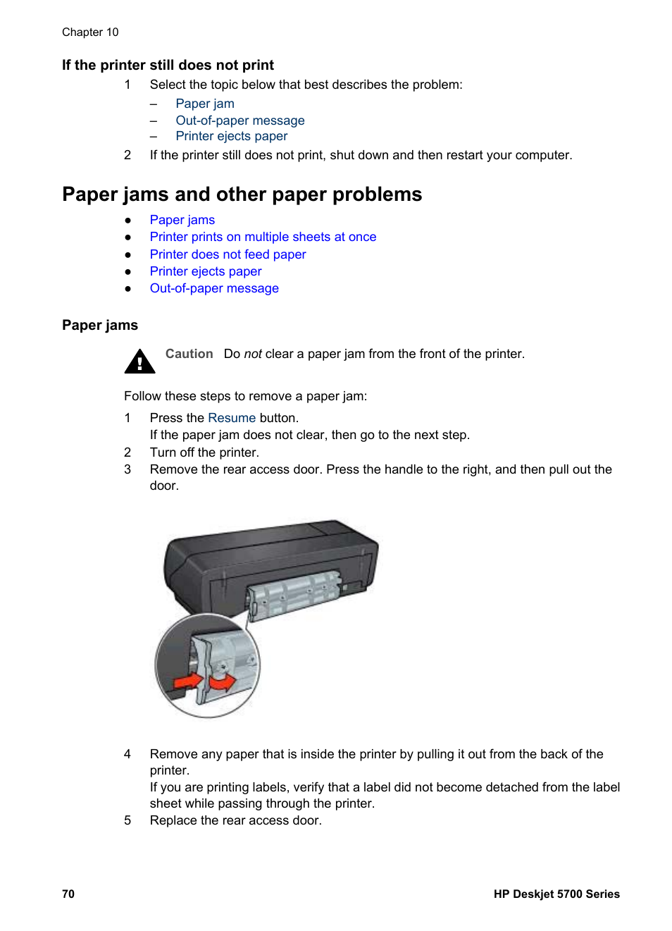 If the printer still does not print, Paper jams and other paper problems, Paper jams | HP Deskjet 5740 Color Inkjet Printer User Manual | Page 72 / 100