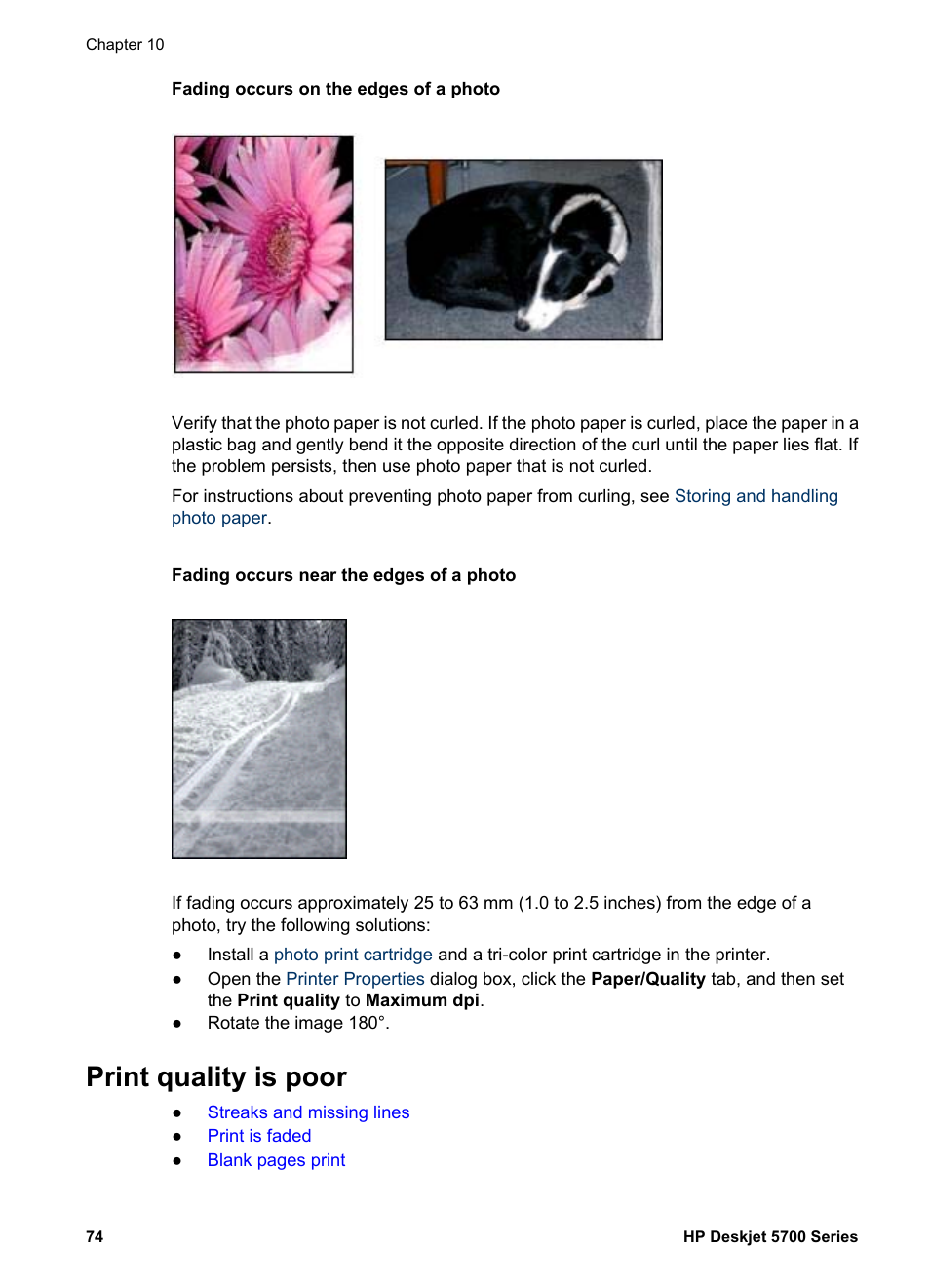 Fading occurs near the edges of a photo, Print quality is poor | HP Deskjet 5740 Color Inkjet Printer User Manual | Page 76 / 100