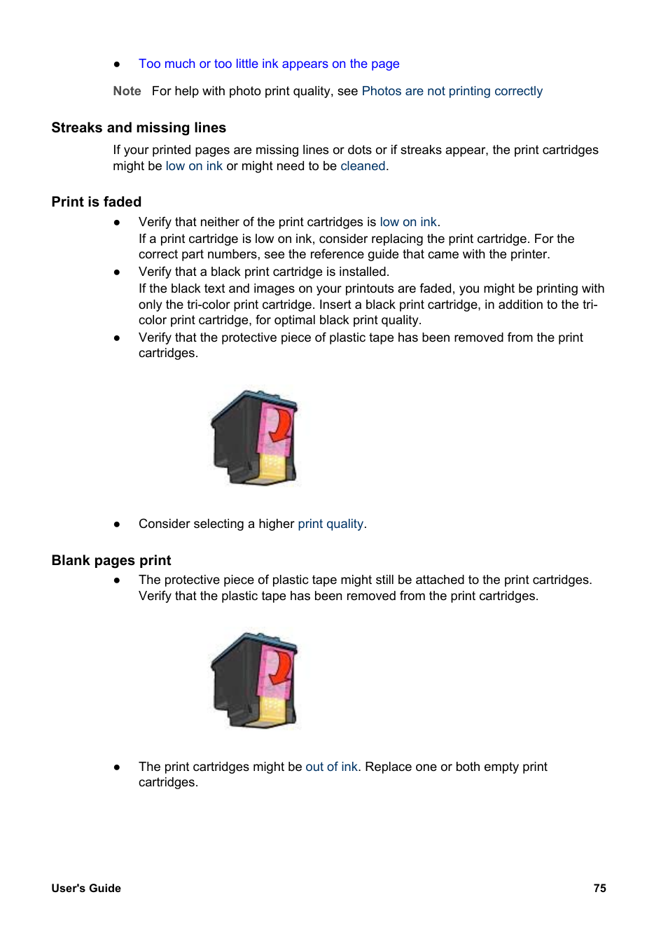 Streaks and missing lines, Print is faded | HP Deskjet 5740 Color Inkjet Printer User Manual | Page 77 / 100