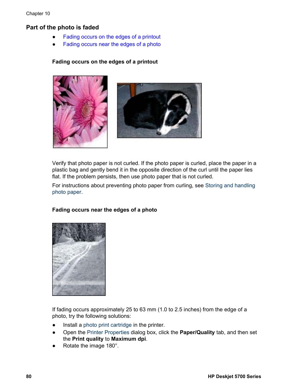 Part of the photo is faded, Fading occurs on the edges of a printout, Fading occurs near the edges of a photo | HP Deskjet 5740 Color Inkjet Printer User Manual | Page 82 / 100