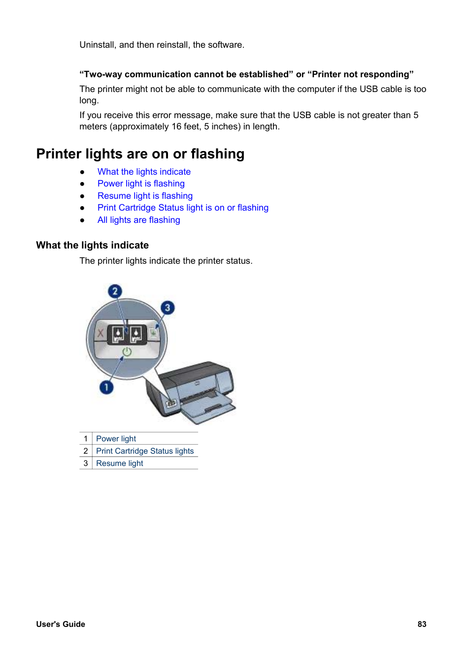 Printer lights are on or flashing, What the lights indicate | HP Deskjet 5740 Color Inkjet Printer User Manual | Page 85 / 100