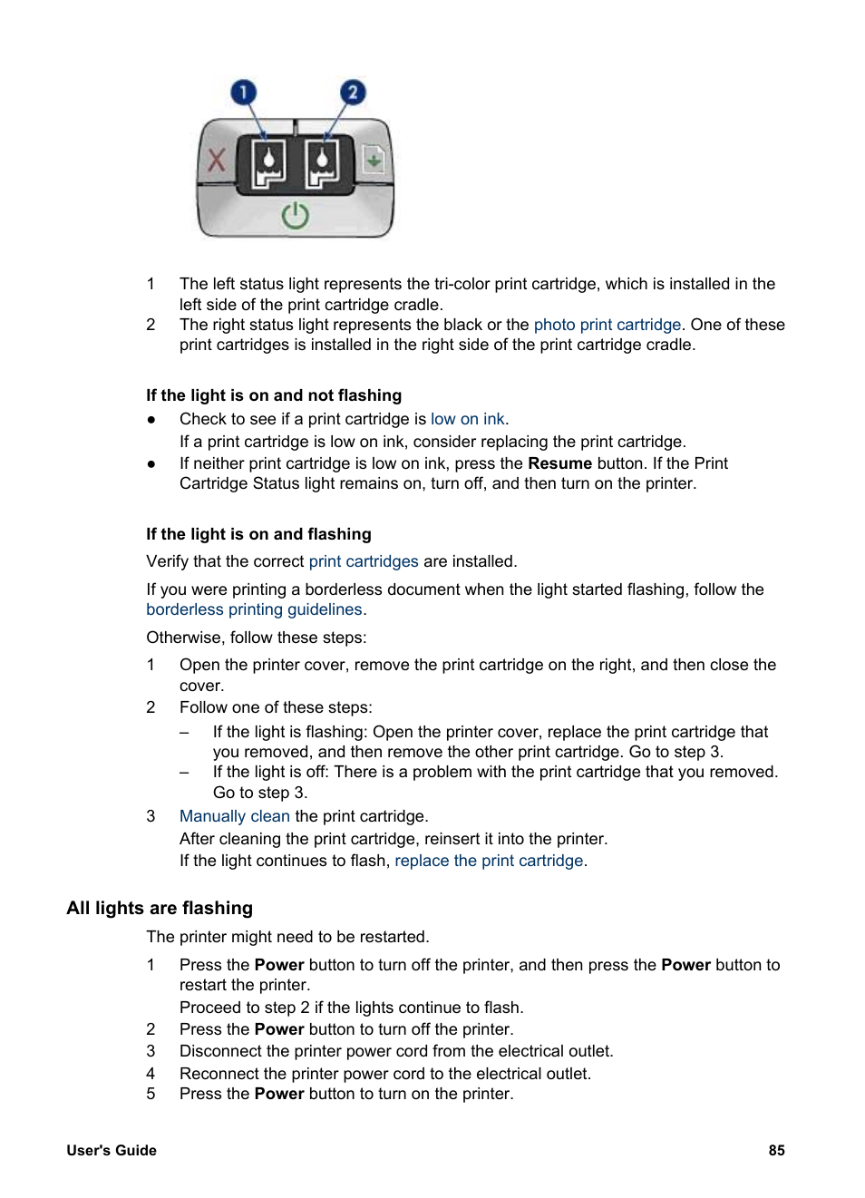 If the light is on and not flashing, If the light is on and flashing, All lights are flashing | HP Deskjet 5740 Color Inkjet Printer User Manual | Page 87 / 100