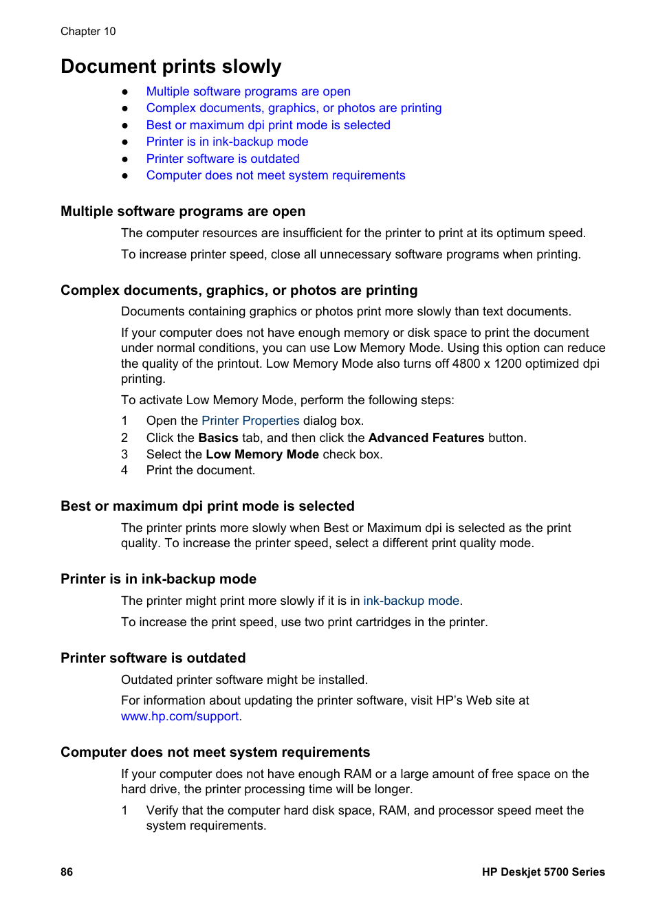 Document prints slowly, Multiple software programs are open, Best or maximum dpi print mode is selected | Printer is in ink-backup mode, Printer software is outdated, Computer does not meet system requirements | HP Deskjet 5740 Color Inkjet Printer User Manual | Page 88 / 100