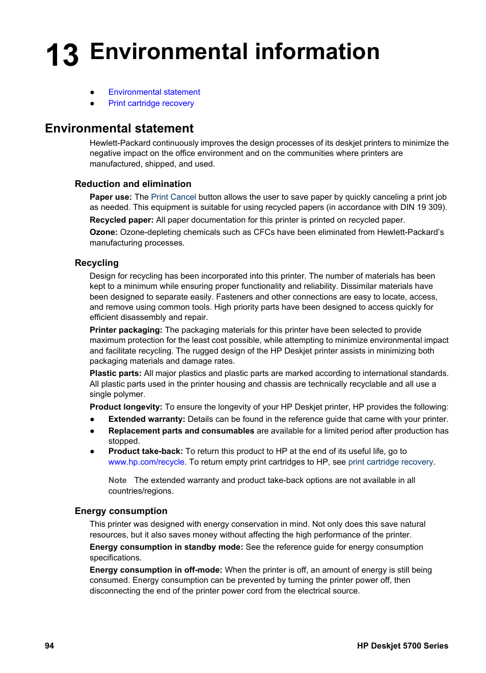 Environmental information, Environmental statement, Reduction and elimination | Recycling, Energy consumption, 13 environmental information | HP Deskjet 5740 Color Inkjet Printer User Manual | Page 96 / 100