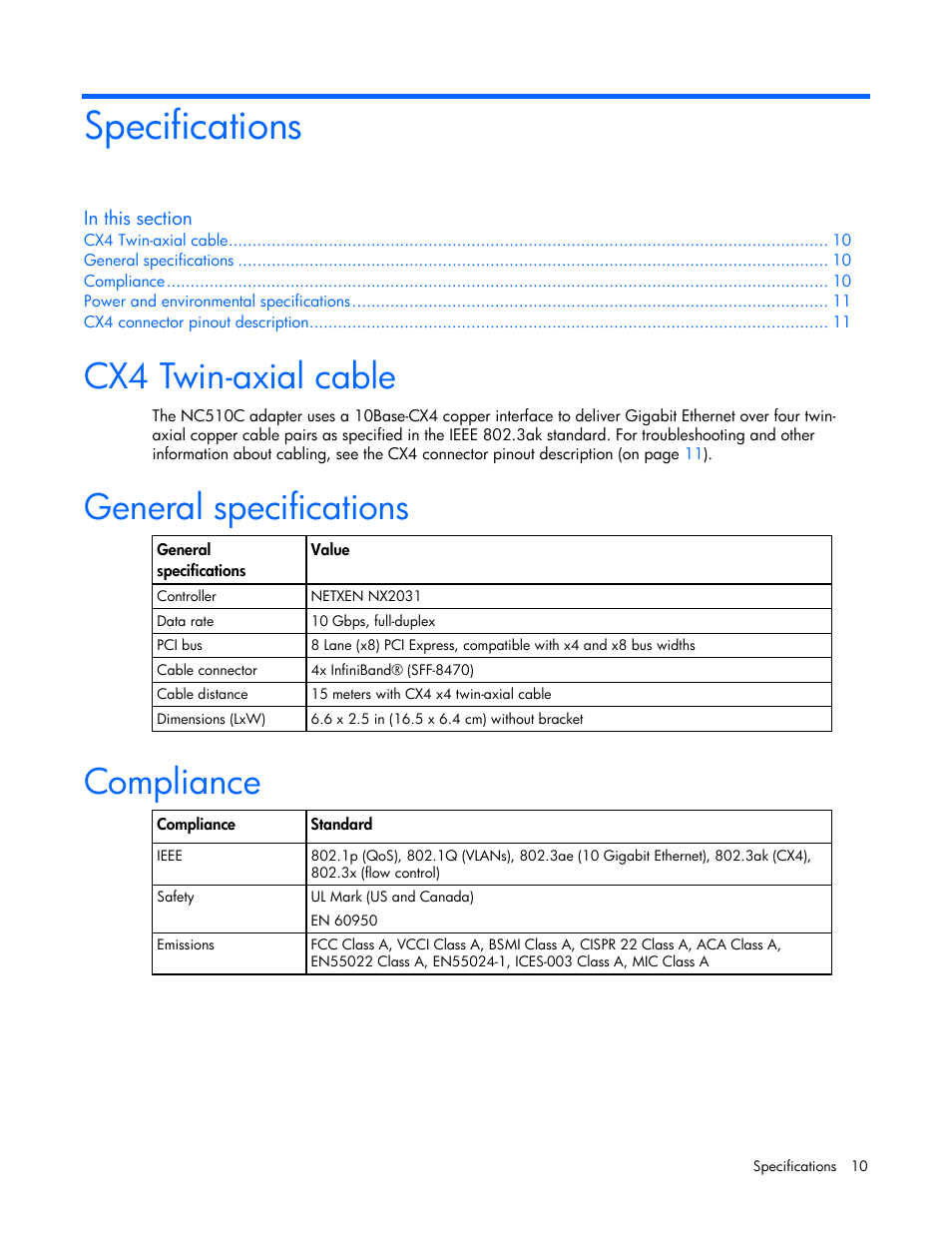 Specifications, Cx4 twin-axial cable, General specifications | Compliance | HP NC510C PCI-E 10 Gigabit Server Adapter User Manual | Page 10 / 18