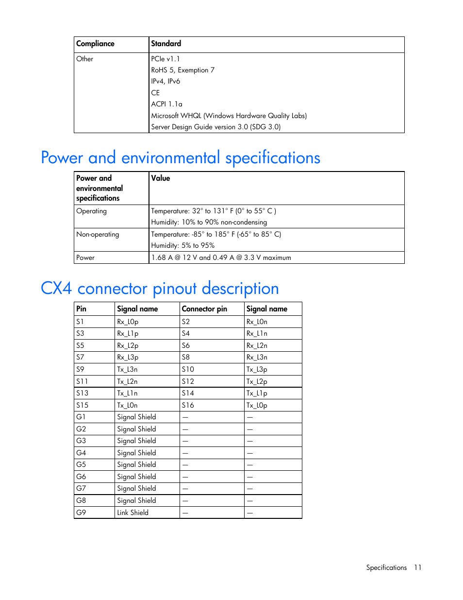 Power and environmental specifications, Cx4 connector pinout description | HP NC510C PCI-E 10 Gigabit Server Adapter User Manual | Page 11 / 18