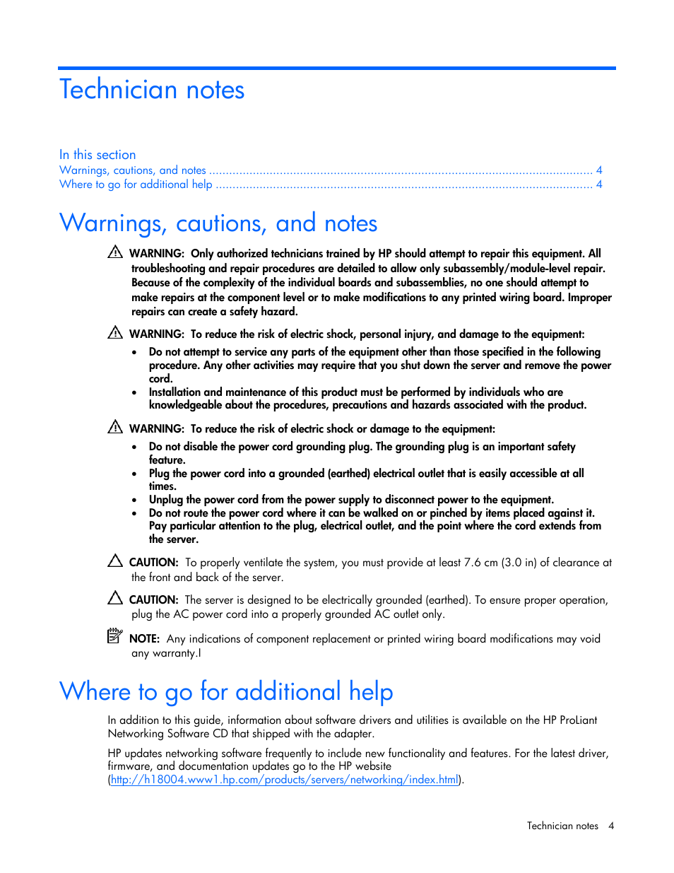 Technician notes, Warnings, cautions, and notes, Where to go for additional help | HP NC510C PCI-E 10 Gigabit Server Adapter User Manual | Page 4 / 18