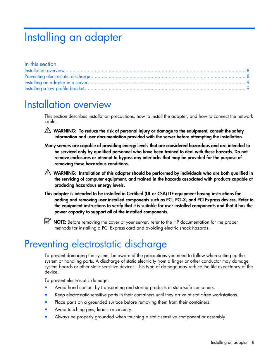 Installing an adapter, Installation overview, Preventing electrostatic discharge | HP NC510C PCI-E 10 Gigabit Server Adapter User Manual | Page 8 / 18