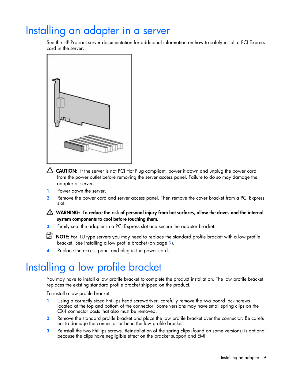 Installing an adapter in a server, Installing a low profile bracket | HP NC510C PCI-E 10 Gigabit Server Adapter User Manual | Page 9 / 18
