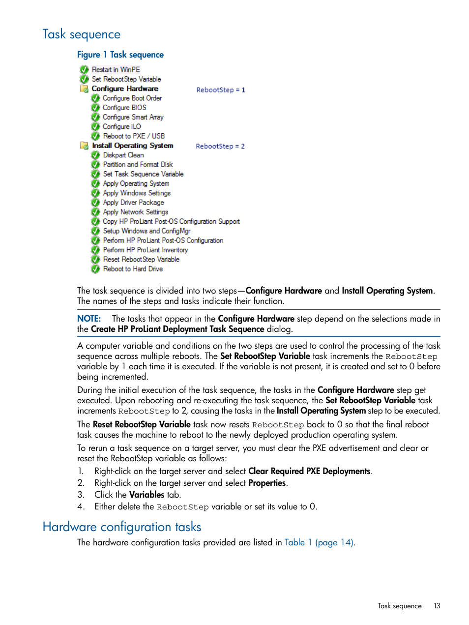 Task sequence, Hardware configuration tasks, Task sequence hardware configuration tasks | HP OneView for Microsoft System Center User Manual | Page 13 / 23