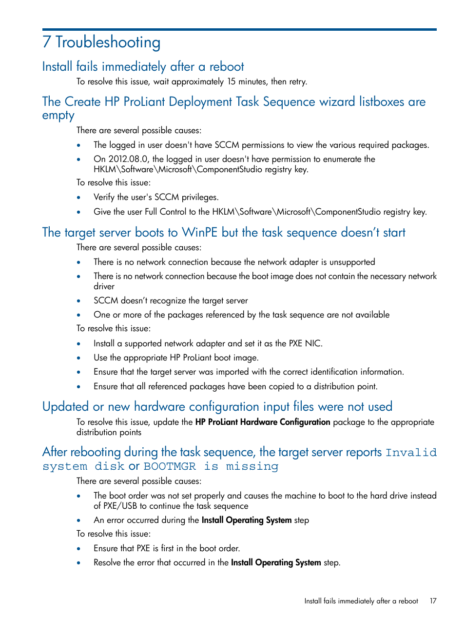 7 troubleshooting, Install fails immediately after a reboot | HP OneView for Microsoft System Center User Manual | Page 17 / 23