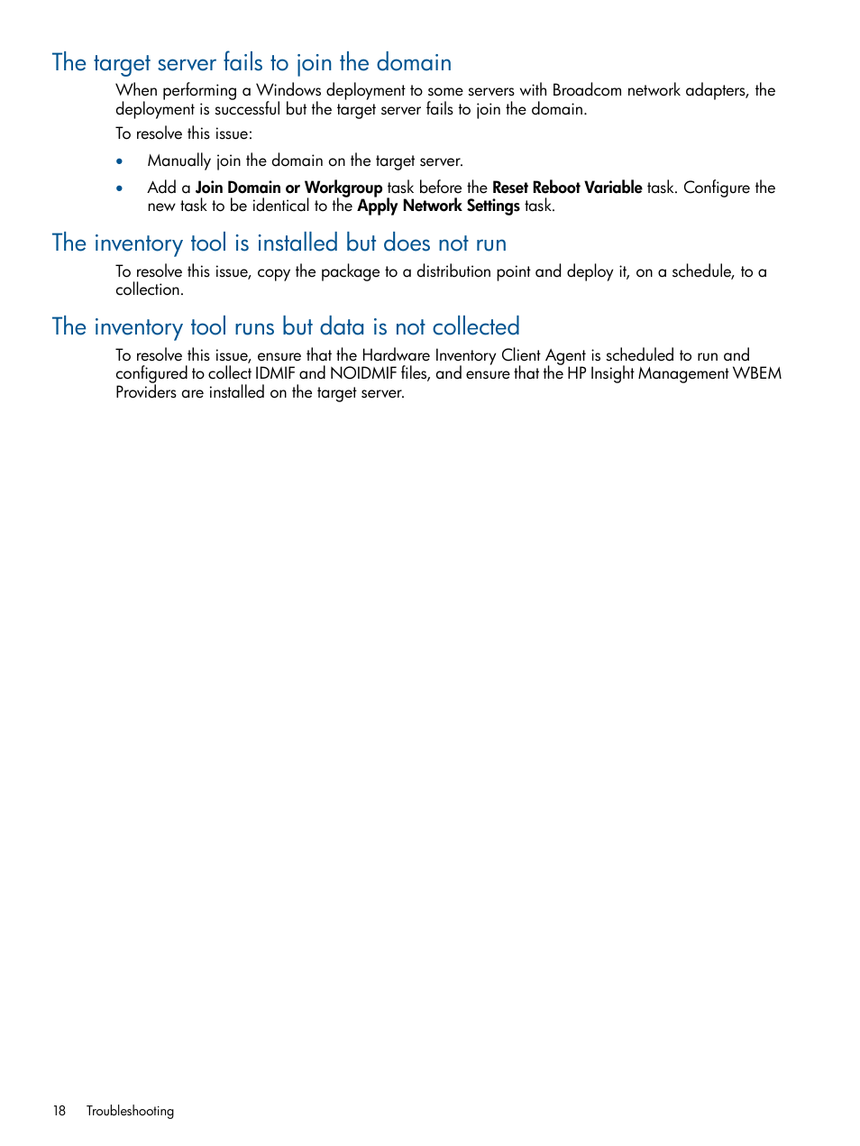 The target server fails to join the domain, The inventory tool is installed but does not run, The inventory tool runs but data is not collected | HP OneView for Microsoft System Center User Manual | Page 18 / 23