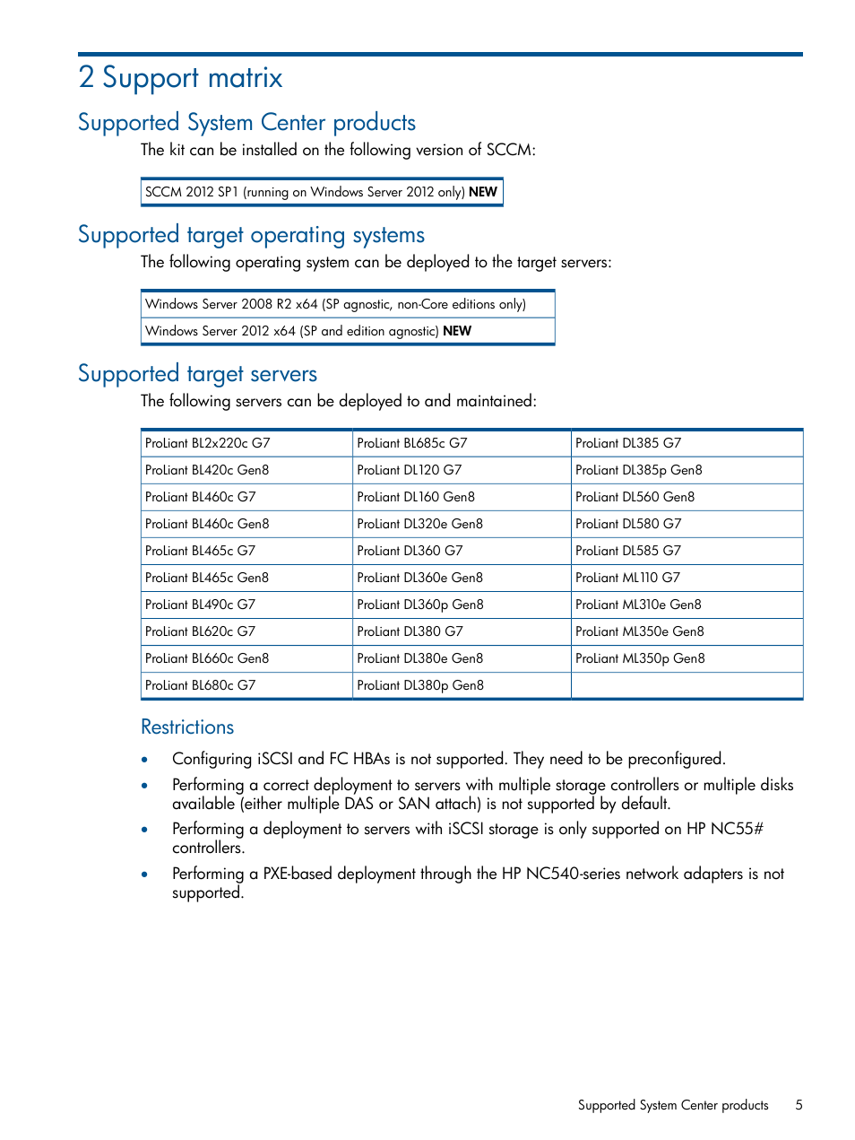 2 support matrix, Supported system center products, Supported target operating systems | Supported target servers, Restrictions | HP OneView for Microsoft System Center User Manual | Page 5 / 23