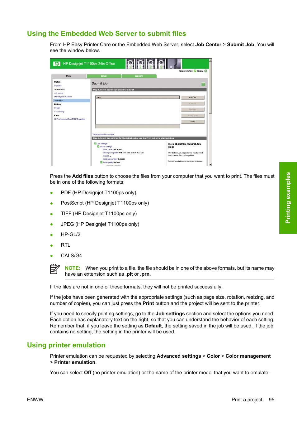 Using the embedded web server to submit files, Using printer emulation | HP Designjet T1100 MFP series User Manual | Page 107 / 220