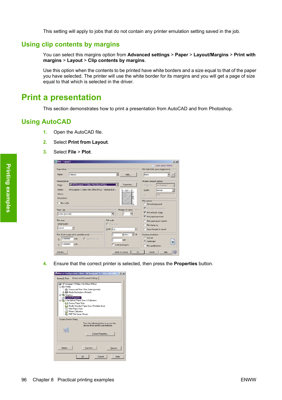 Using clip contents by margins, Print a presentation, Using autocad | HP Designjet T1100 MFP series User Manual | Page 108 / 220