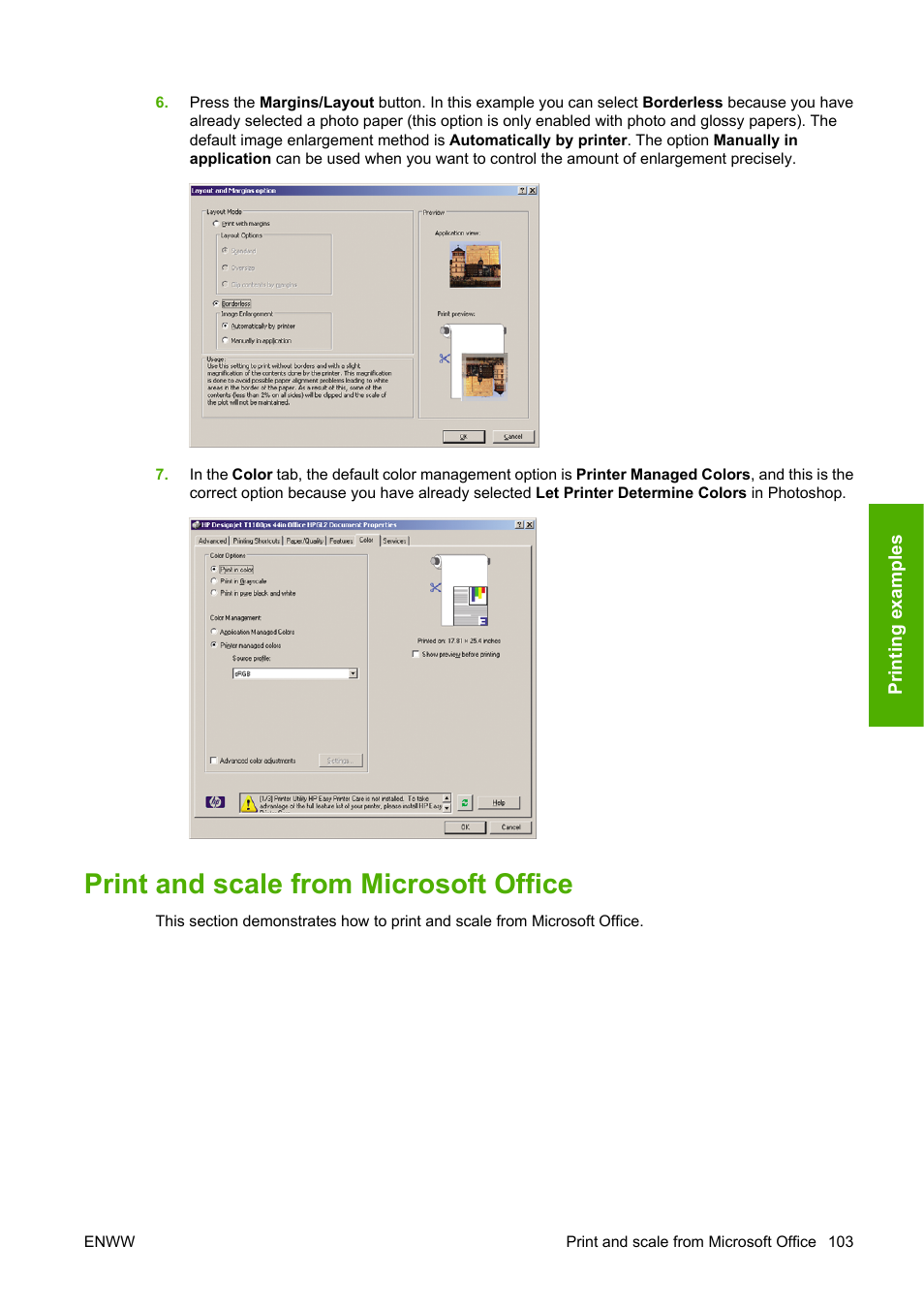 Print and scale from microsoft office | HP Designjet T1100 MFP series User Manual | Page 115 / 220