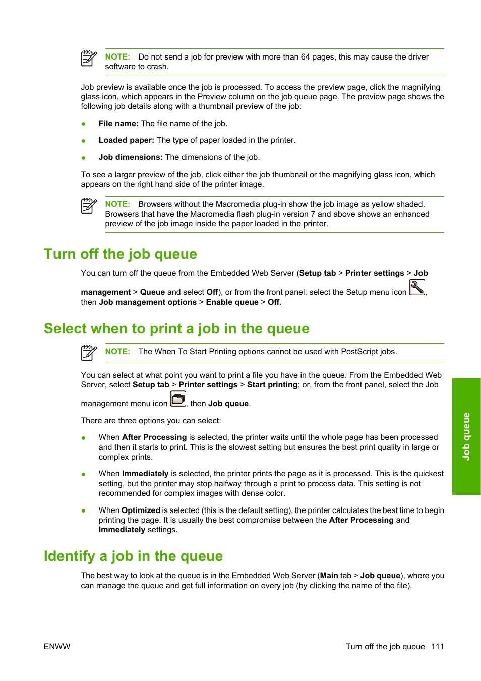 Turn off the job queue, Select when to print a job in the queue, Identify a job in the queue | HP Designjet T1100 MFP series User Manual | Page 123 / 220