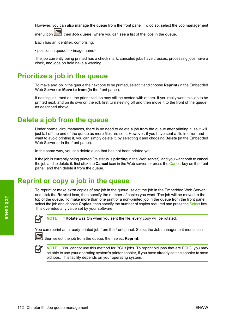 Prioritize a job in the queue, Delete a job from the queue, Reprint or copy a job in the queue | HP Designjet T1100 MFP series User Manual | Page 124 / 220