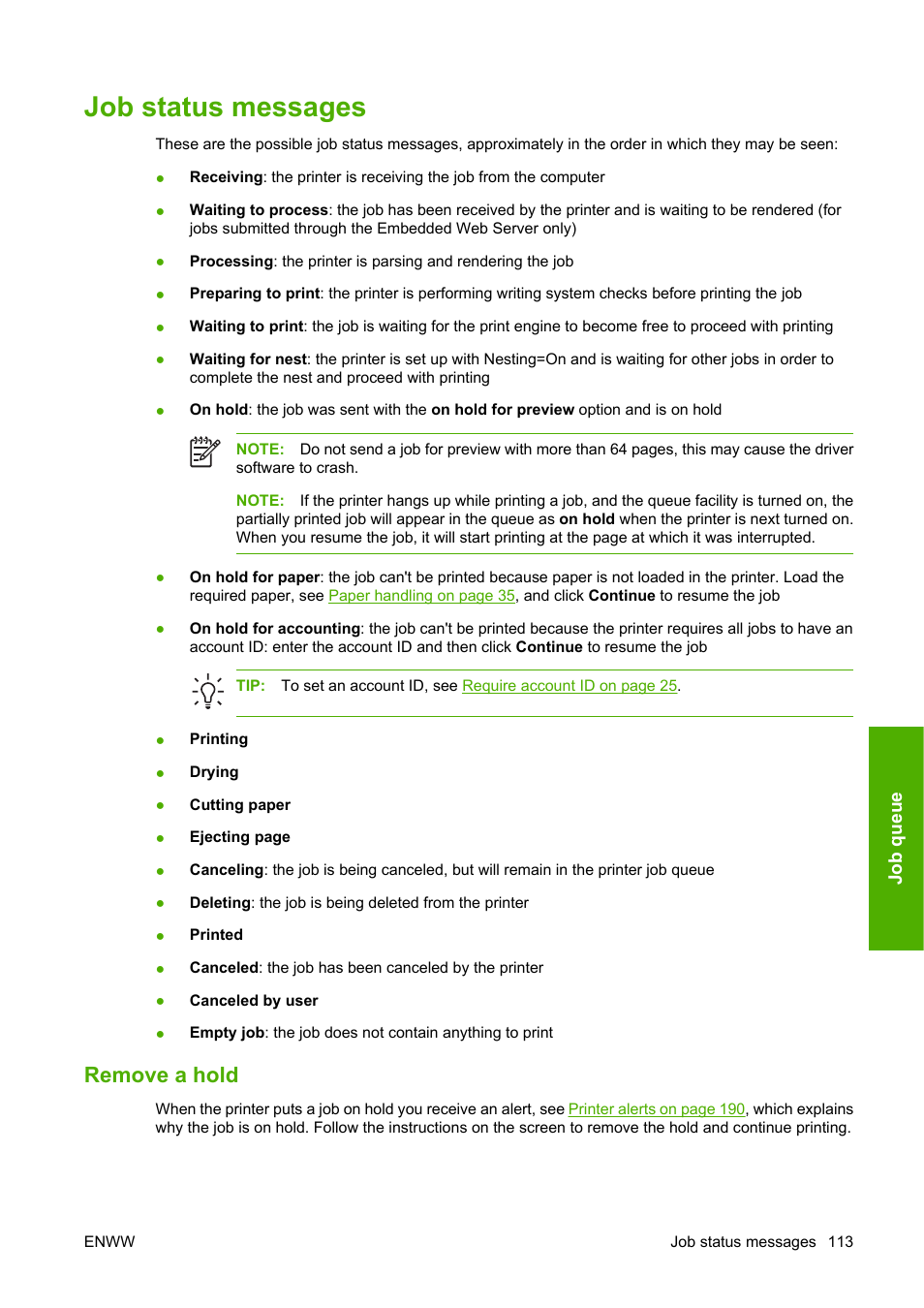 Job status messages, Remove a hold | HP Designjet T1100 MFP series User Manual | Page 125 / 220